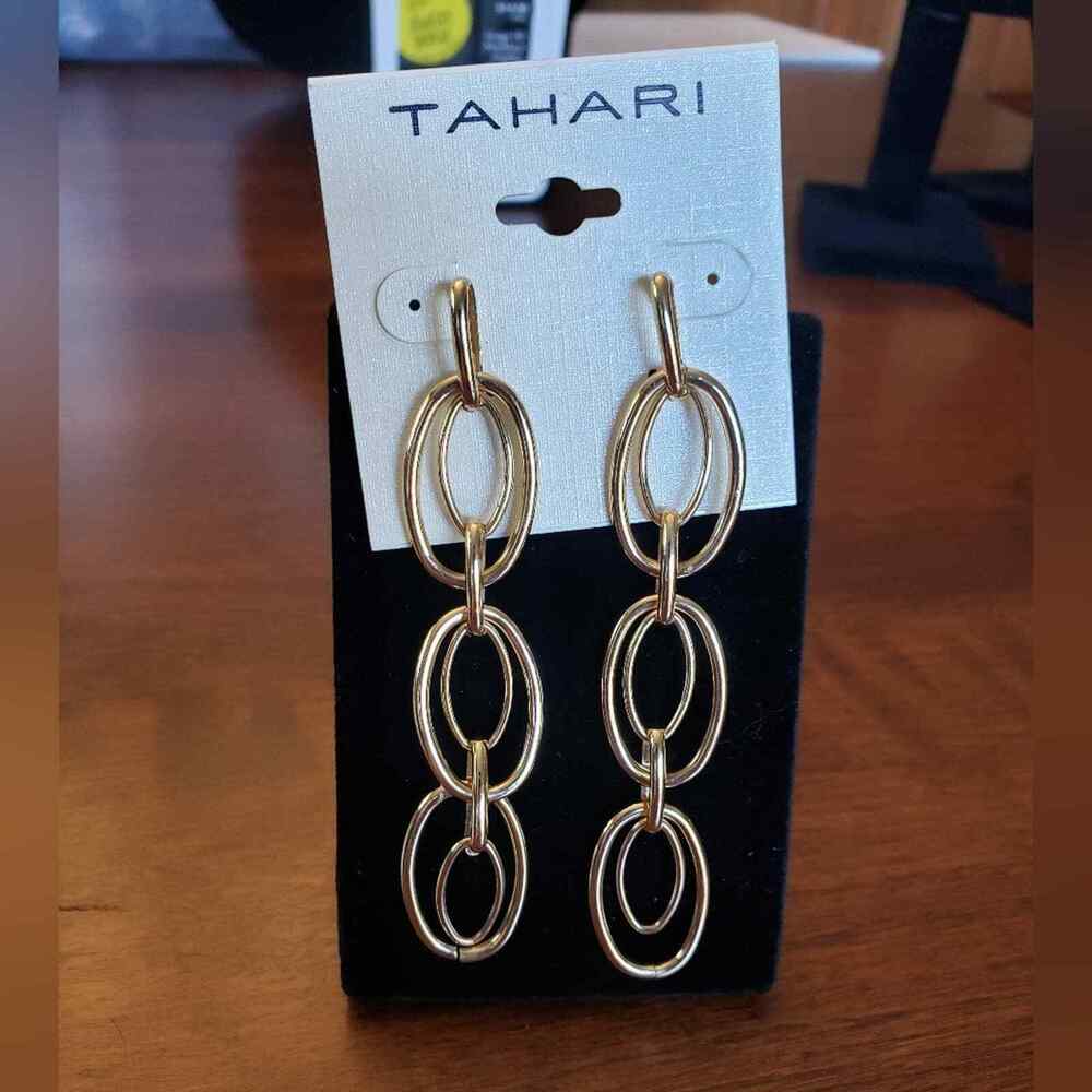Tahari NWT gold tone double chain dangle drop earrings